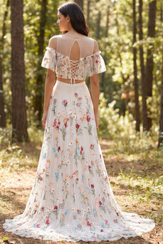 Ivory Floral A Line Two Piece Sweep Train Boho Wedding Dress with Slit