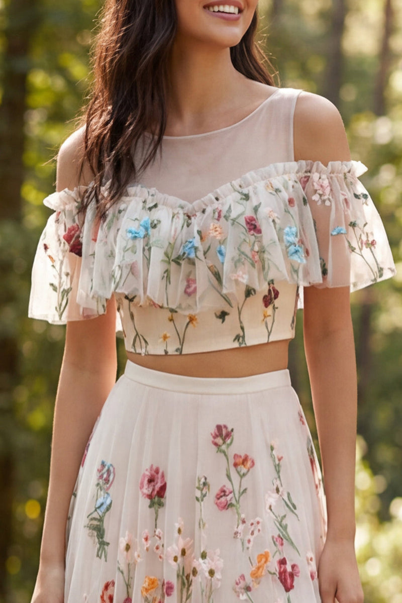 Load image into Gallery viewer, Ivory Floral A Line Two Piece Sweep Train Boho Wedding Dress with Slit
