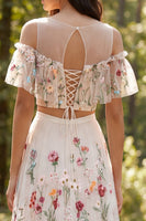 Load image into Gallery viewer, Ivory Floral A Line Two Piece Sweep Train Boho Wedding Dress with Slit