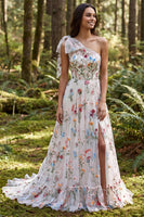 Load image into Gallery viewer, Ivory One Shoulder Floral A-Line Sweep Train Boho Wedding Dress with Bow