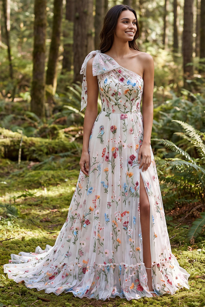 Load image into Gallery viewer, Ivory One Shoulder Floral A-Line Sweep Train Boho Wedding Dress with Bow