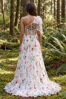 Load image into Gallery viewer, Ivory One Shoulder Floral A-Line Sweep Train Boho Wedding Dress with Bow