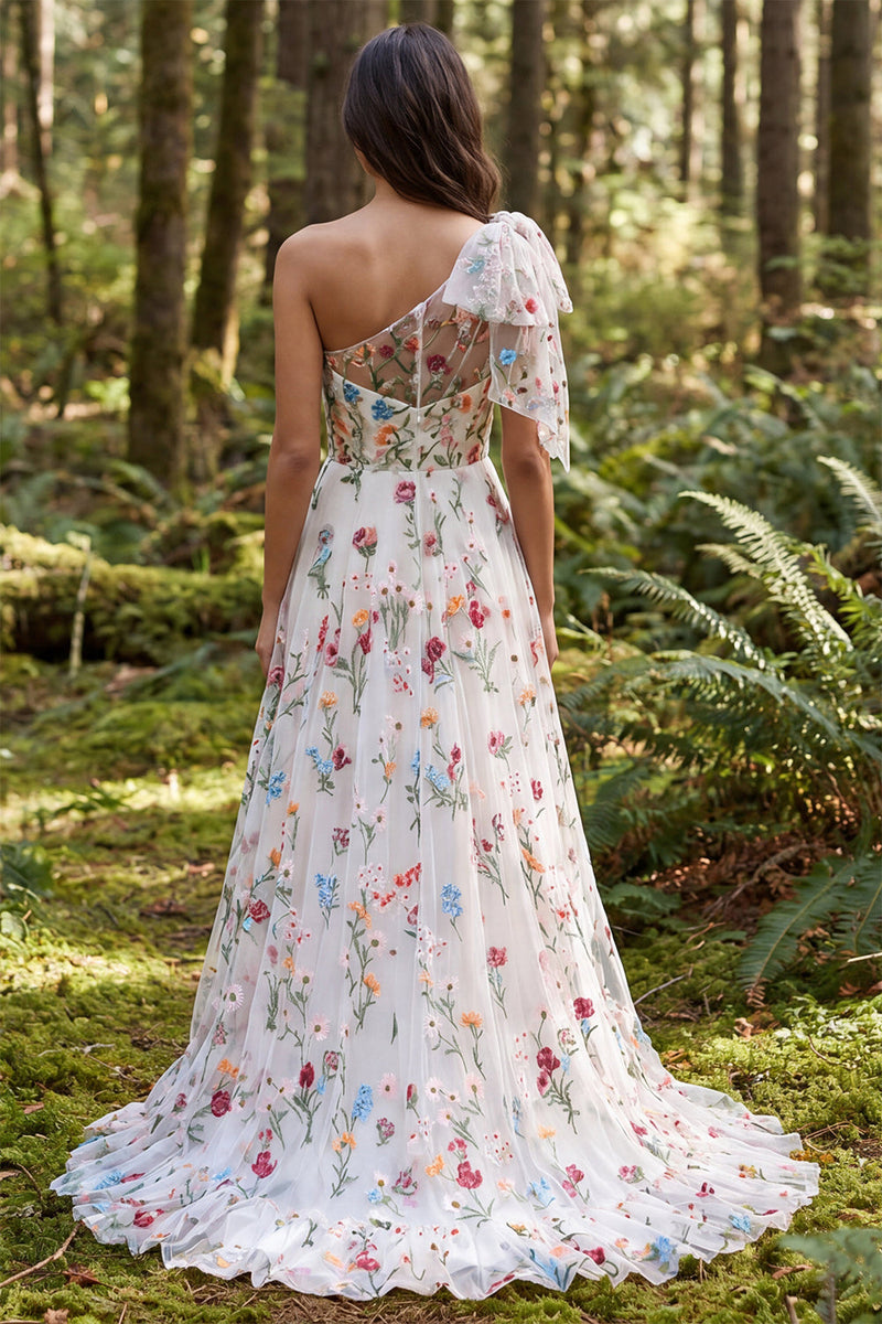 Load image into Gallery viewer, Ivory One Shoulder Floral A-Line Sweep Train Boho Wedding Dress with Bow