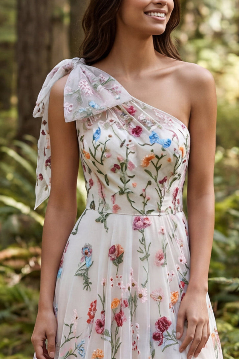 Load image into Gallery viewer, Ivory One Shoulder Floral A-Line Sweep Train Boho Wedding Dress with Bow