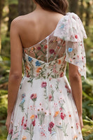 Load image into Gallery viewer, Ivory One Shoulder Floral A-Line Sweep Train Boho Wedding Dress with Bow