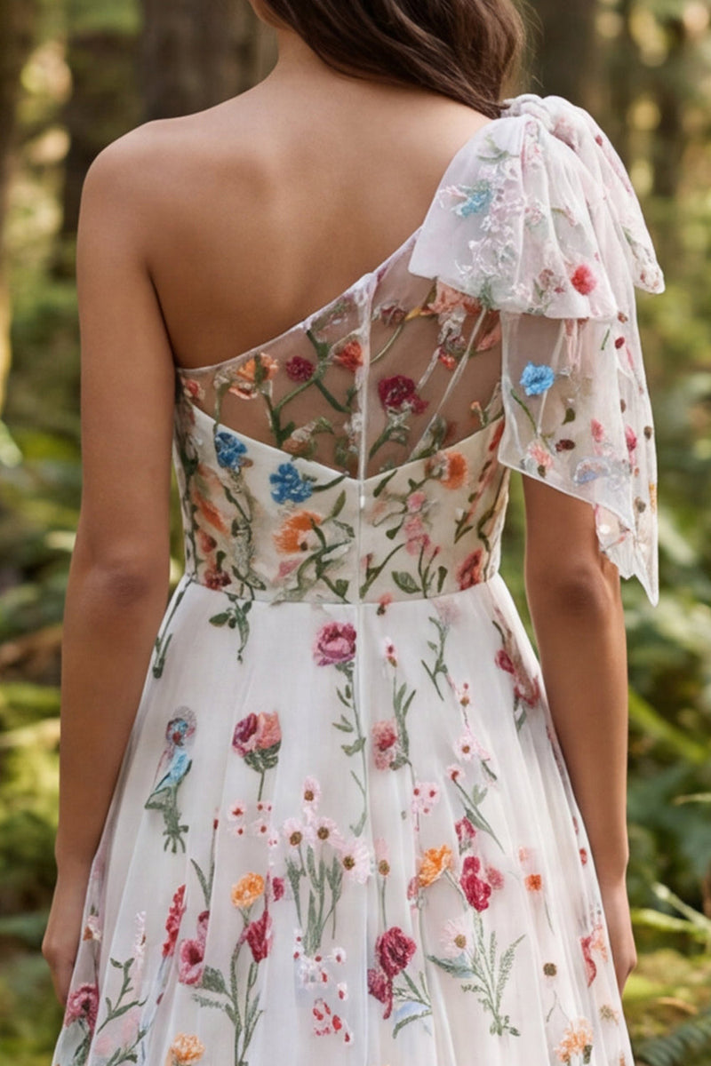Load image into Gallery viewer, Ivory One Shoulder Floral A-Line Sweep Train Boho Wedding Dress with Bow