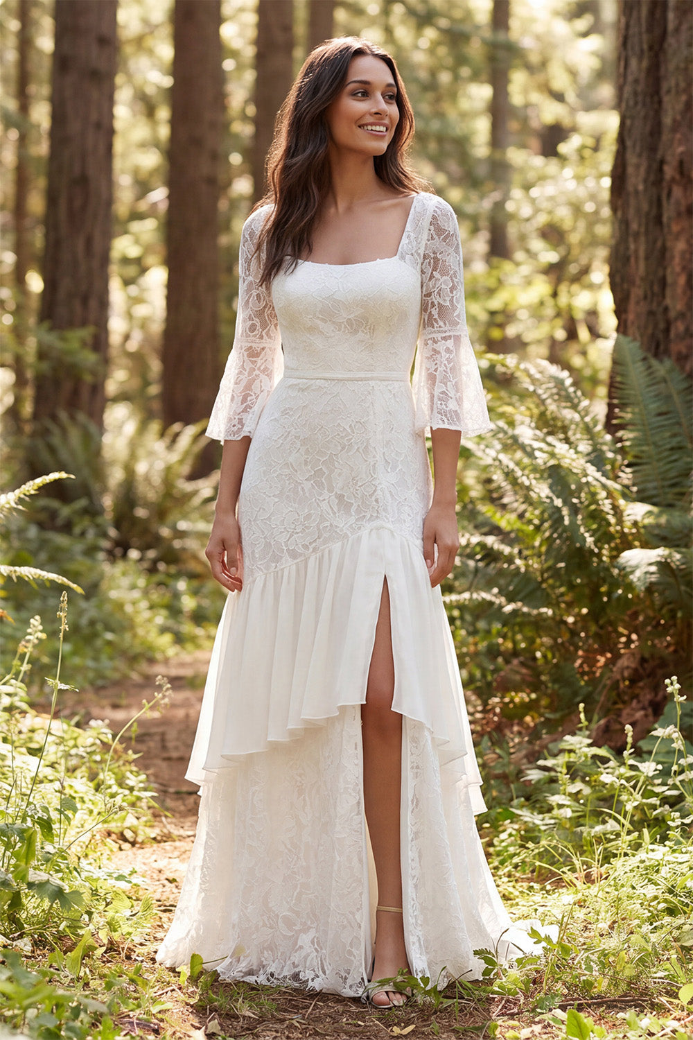 Ivory Lace Square Neck Flare Sleeves Mermaid Sweep Train Boho Wedding Dress