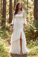 Load image into Gallery viewer, Ivory Lace Square Neck Flare Sleeves Mermaid Sweep Train Boho Wedding Dress