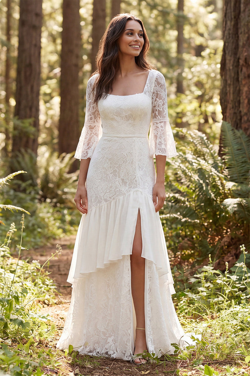 Load image into Gallery viewer, Ivory Lace Square Neck Flare Sleeves Mermaid Sweep Train Boho Wedding Dress