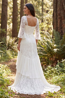 Ivory Lace Square Neck Flare Sleeves Mermaid Sweep Train Boho Wedding Dress