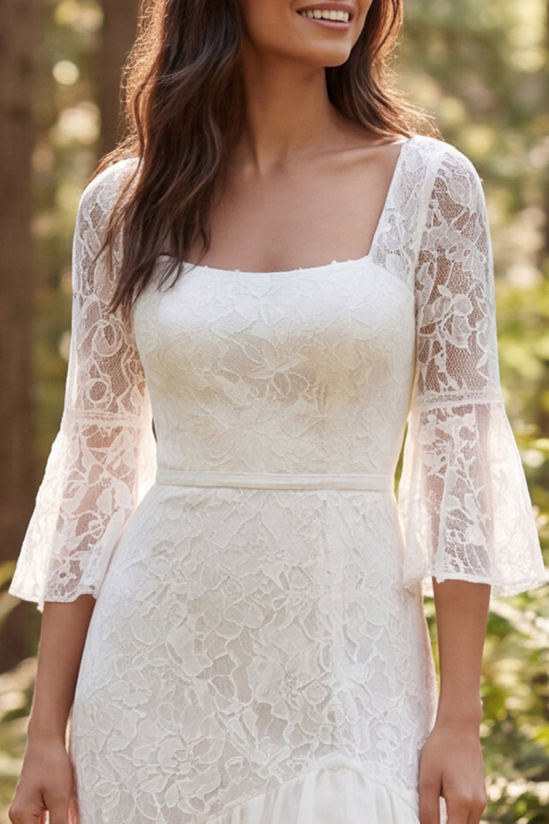 Load image into Gallery viewer, Ivory Lace Square Neck Flare Sleeves Mermaid Sweep Train Boho Wedding Dress