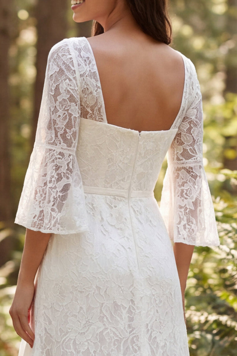 Load image into Gallery viewer, Ivory Lace Square Neck Flare Sleeves Mermaid Sweep Train Boho Wedding Dress