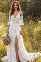 Load image into Gallery viewer, Ivory Two Piece V-Neck Sweep Train Lace Boho Wedding Dress with Slit
