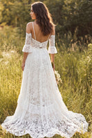 Load image into Gallery viewer, Ivory Two Piece V-Neck Sweep Train Lace Boho Wedding Dress with Slit