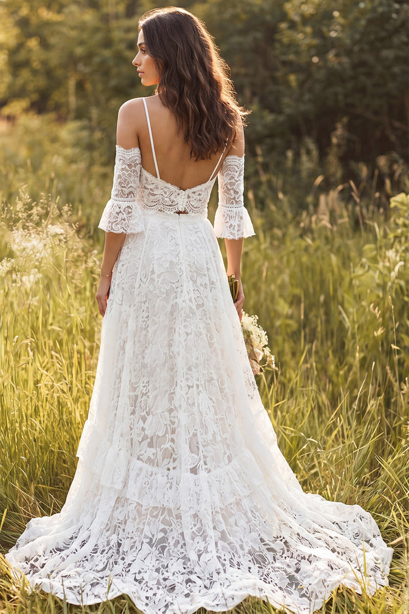 Load image into Gallery viewer, Ivory Two Piece V-Neck Sweep Train Lace Boho Wedding Dress with Slit