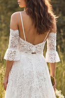 Load image into Gallery viewer, Ivory Two Piece V-Neck Sweep Train Lace Boho Wedding Dress with Slit