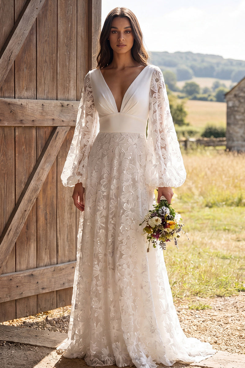 Load image into Gallery viewer, Ivory A-Line V-Neck Puff Sleeves Floral Sweep Train Boho Wedding Dress