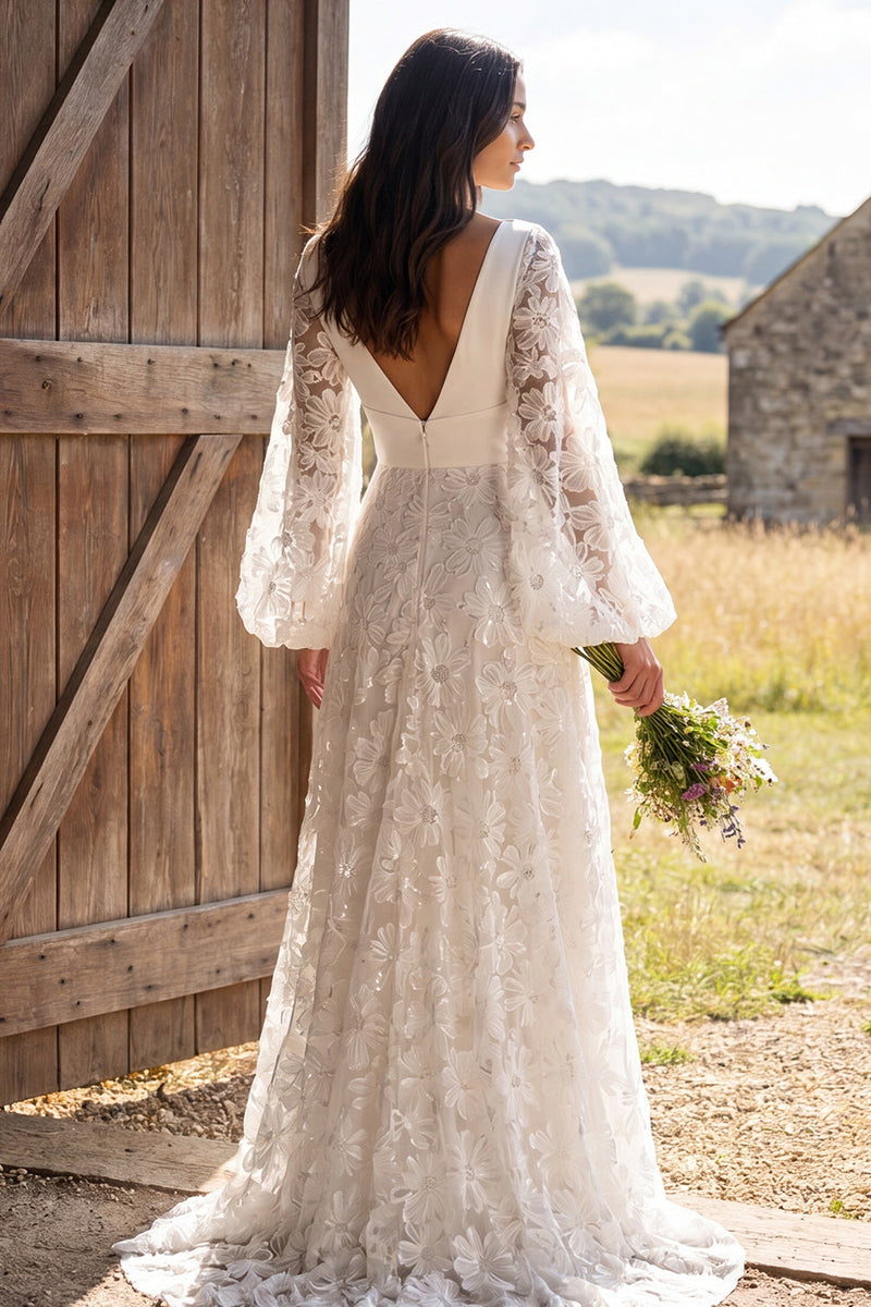 Load image into Gallery viewer, Ivory A-Line V-Neck Puff Sleeves Floral Sweep Train Boho Wedding Dress