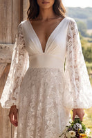 Load image into Gallery viewer, Ivory A-Line V-Neck Puff Sleeves Floral Sweep Train Boho Wedding Dress