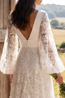 Load image into Gallery viewer, Ivory A-Line V-Neck Puff Sleeves Floral Sweep Train Boho Wedding Dress