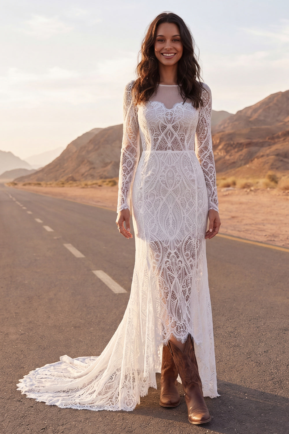 Ivory Illusion Neck Long Sleeves Mermaid Sweep Train Wedding Dress
