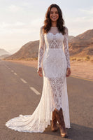 Load image into Gallery viewer, Ivory Illusion Neck Long Sleeves Mermaid Sweep Train Wedding Dress