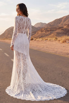 Ivory Illusion Neck Long Sleeves Mermaid Sweep Train Wedding Dress