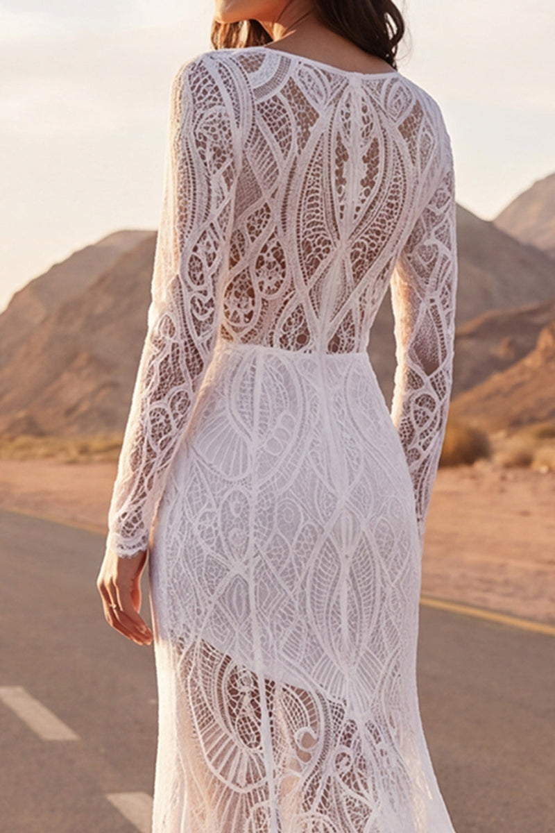 Load image into Gallery viewer, Ivory Illusion Neck Long Sleeves Mermaid Sweep Train Wedding Dress