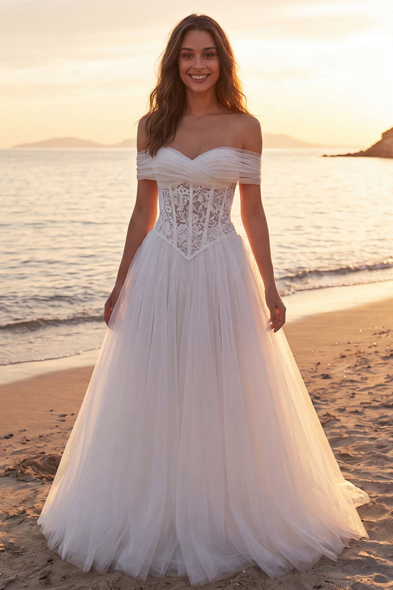 Load image into Gallery viewer, Ivory Corset A-Line Tulle Off the Shoulder Sweep Train Beach Wedding Dress
