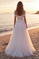 Load image into Gallery viewer, Ivory Corset A-Line Tulle Off the Shoulder Sweep Train Beach Wedding Dress