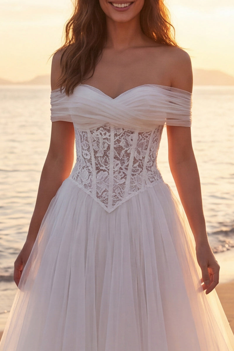 Load image into Gallery viewer, Ivory Corset A-Line Tulle Off the Shoulder Sweep Train Beach Wedding Dress