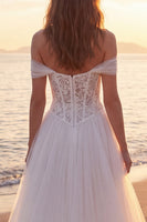 Load image into Gallery viewer, Ivory Corset A-Line Tulle Off the Shoulder Sweep Train Beach Wedding Dress