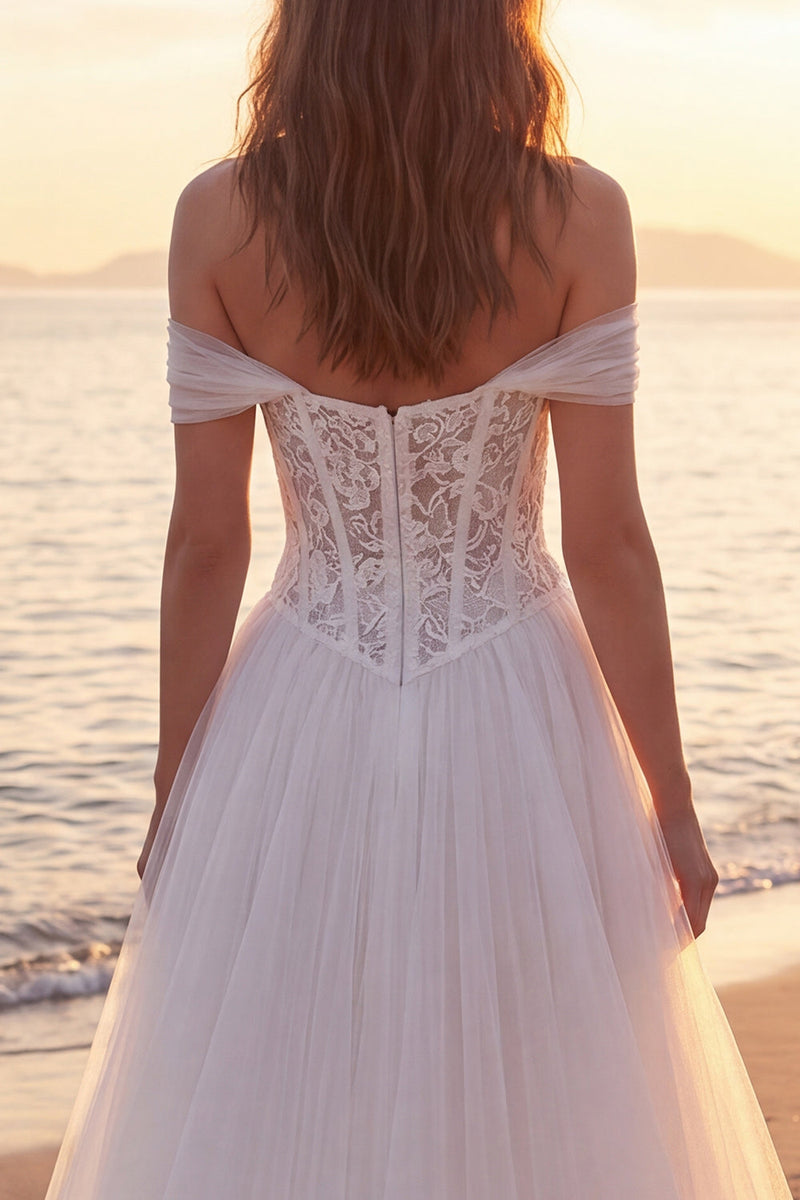 Load image into Gallery viewer, Ivory Corset A-Line Tulle Off the Shoulder Sweep Train Beach Wedding Dress