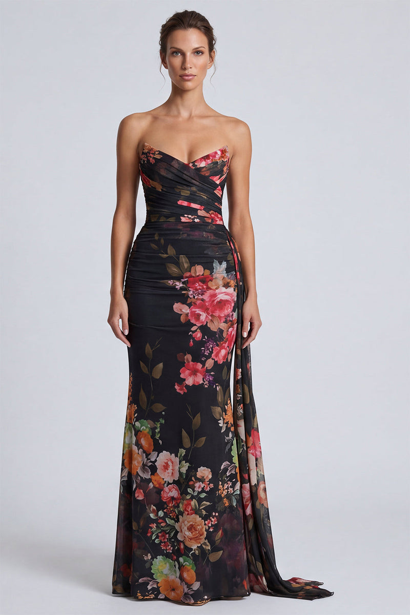 Load image into Gallery viewer, Black Mermaid Floral Strapless Long Formal Dress with Sash
