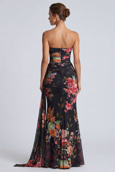 Black Mermaid Floral Strapless Long Formal Dress with Sash