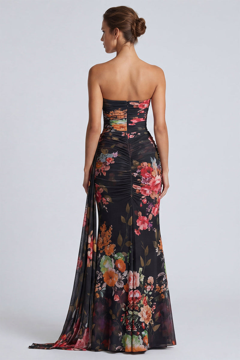 Load image into Gallery viewer, Black Mermaid Floral Strapless Long Formal Dress with Sash
