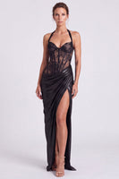 Load image into Gallery viewer, Blue Metallic Sheath Halter Long Corset Formal Dress with Slit