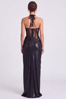 Load image into Gallery viewer, Blue Metallic Sheath Halter Long Corset Formal Dress with Slit