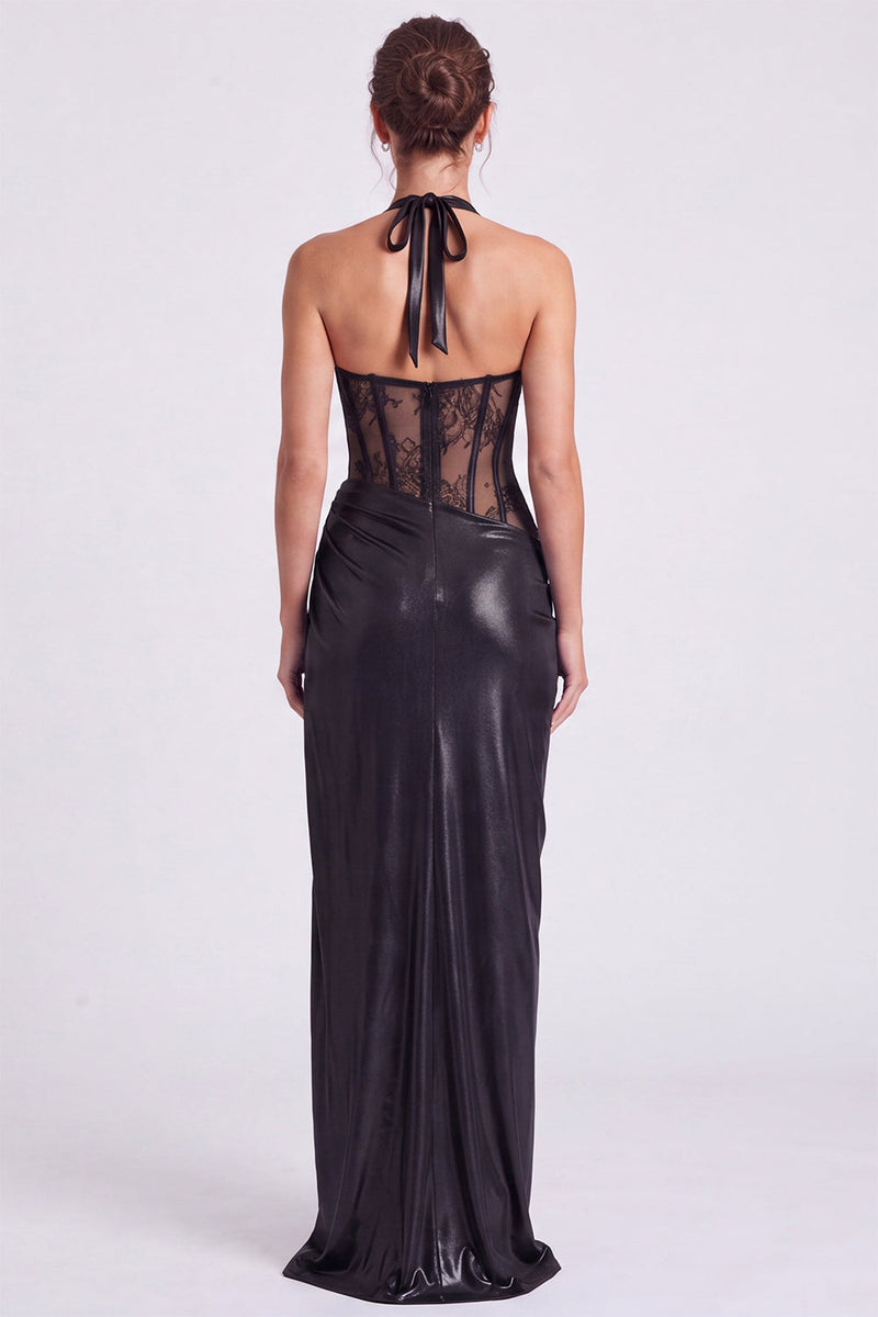 Load image into Gallery viewer, Blue Metallic Sheath Halter Long Corset Formal Dress with Slit