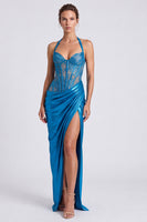 Load image into Gallery viewer, Blue Metallic Sheath Halter Long Corset Formal Dress with Slit