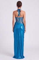Load image into Gallery viewer, Blue Metallic Sheath Halter Long Corset Formal Dress with Slit