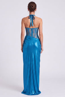 Blue Metallic Sheath Halter Long Corset Formal Dress with Slit