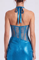 Load image into Gallery viewer, Blue Metallic Sheath Halter Long Corset Formal Dress with Slit