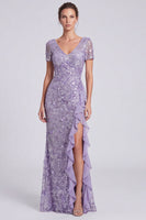Load image into Gallery viewer, Sparkly Lilac Mermaid Sequin Floral Long Formal Dress with Sleeves