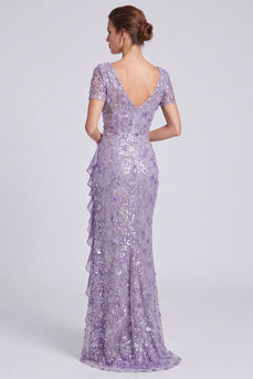 Sparkly Lilac Mermaid Sequin Floral Long Formal Dress with Sleeves