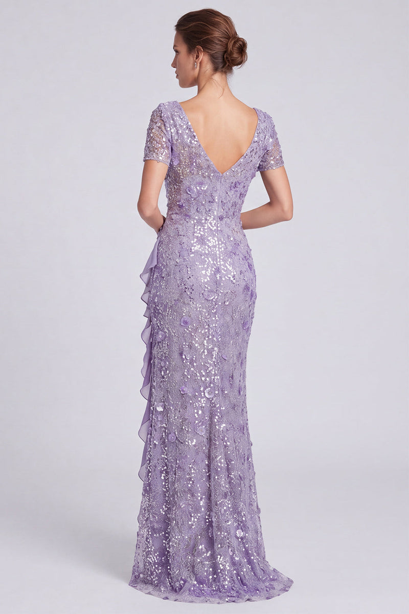 Load image into Gallery viewer, Sparkly Lilac Mermaid Sequin Floral Long Formal Dress with Sleeves
