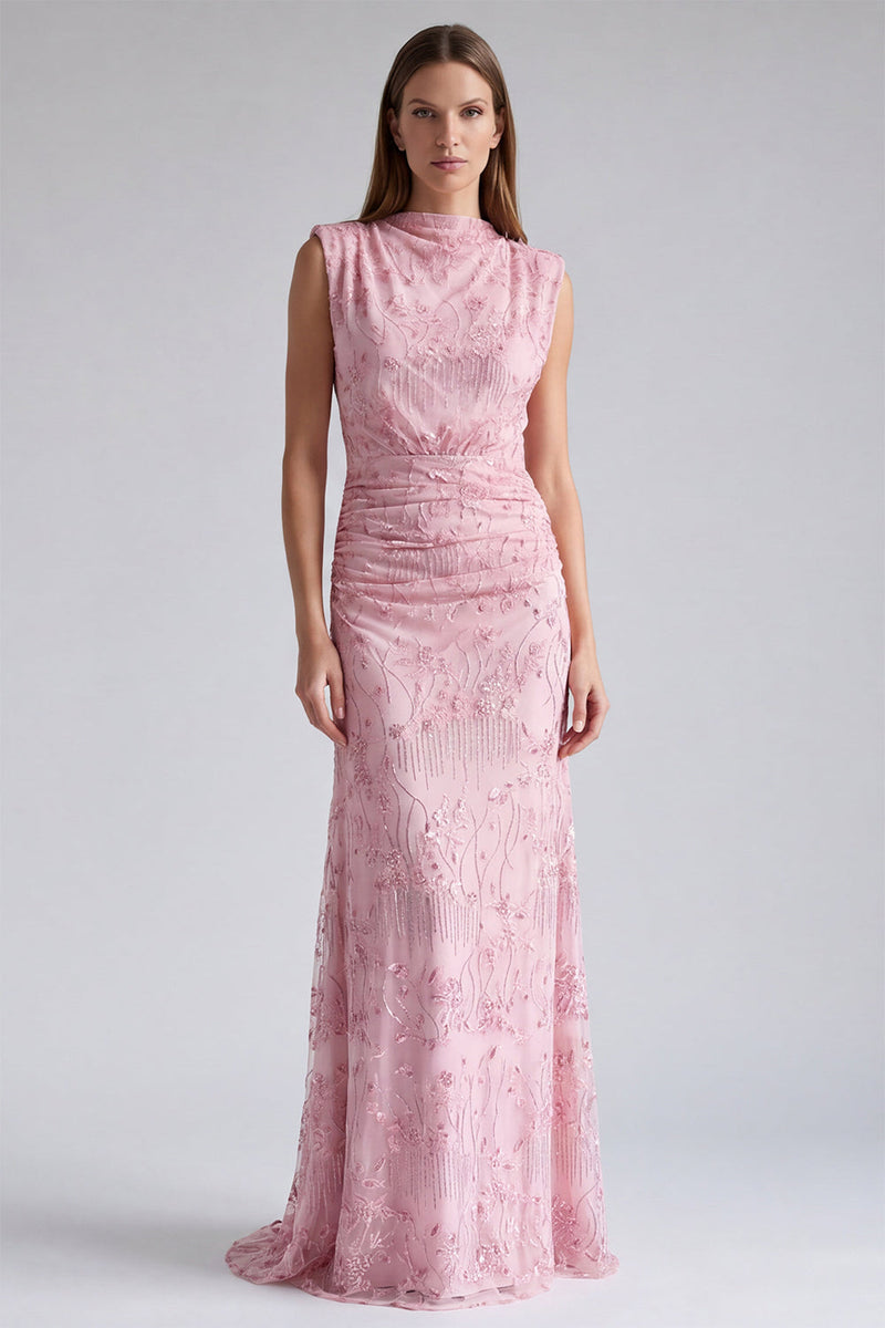 Load image into Gallery viewer, Sparkly Pink Floral Mermaid Beaded Round Neck Long Formal Dress