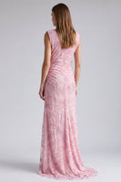 Load image into Gallery viewer, Sparkly Pink Floral Mermaid Beaded Round Neck Long Formal Dress