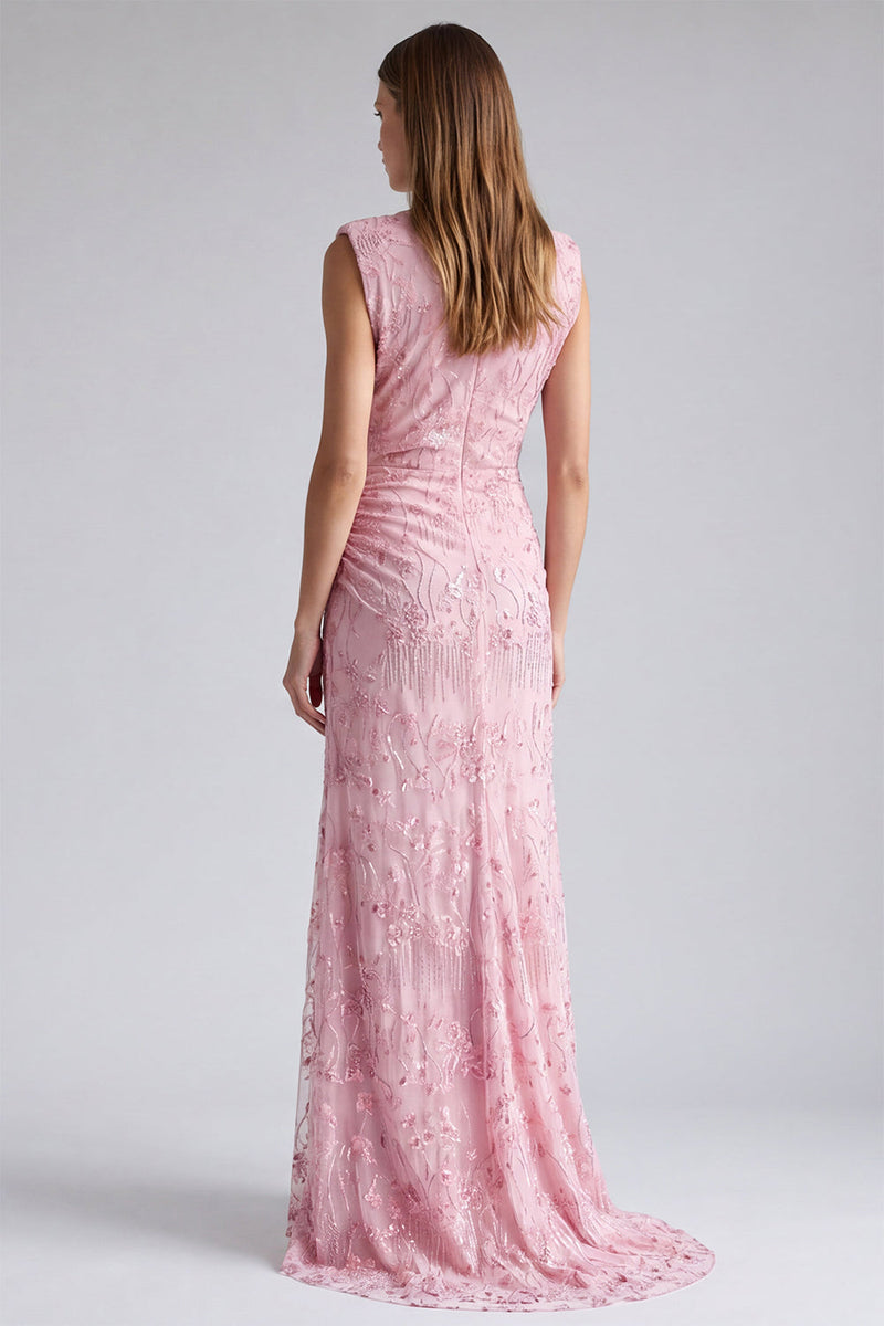 Load image into Gallery viewer, Sparkly Pink Floral Mermaid Beaded Round Neck Long Formal Dress