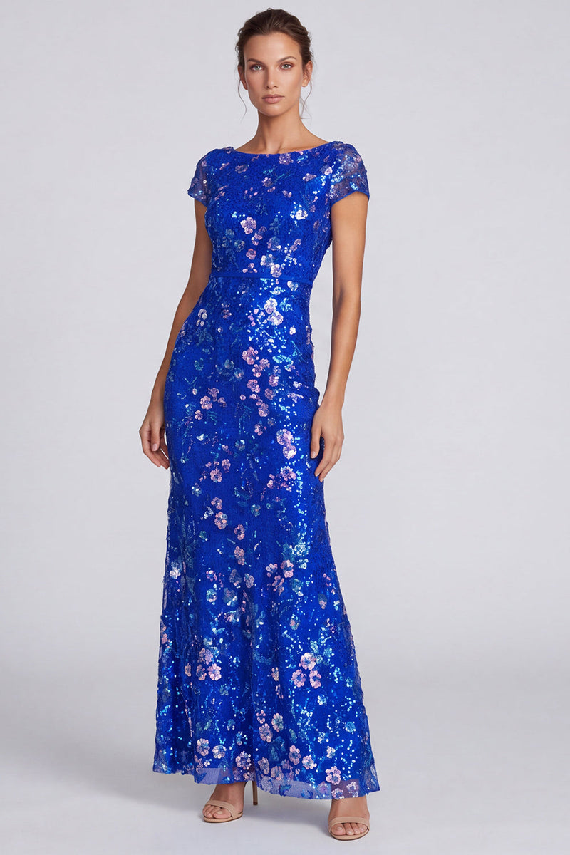 Load image into Gallery viewer, Royal Blue Mermaid Floral Sparkly Sequins Long Formal Dress with Sleeves